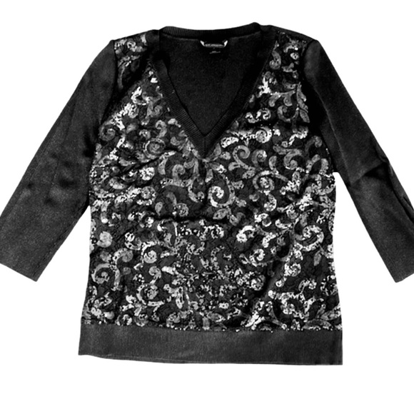 St. John Black Sequined 3/4 Sleeve V Neck Top Size L - Picture 2 of 10